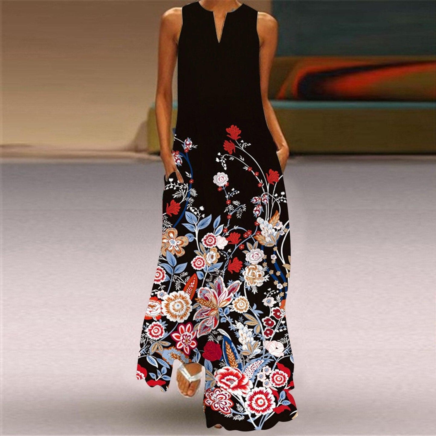 3D Animal Pritned Vintage Long Maxi Dress Women V Neck Sleeveless Summer Dress Elegant Fashion Party Dress Robe Longue