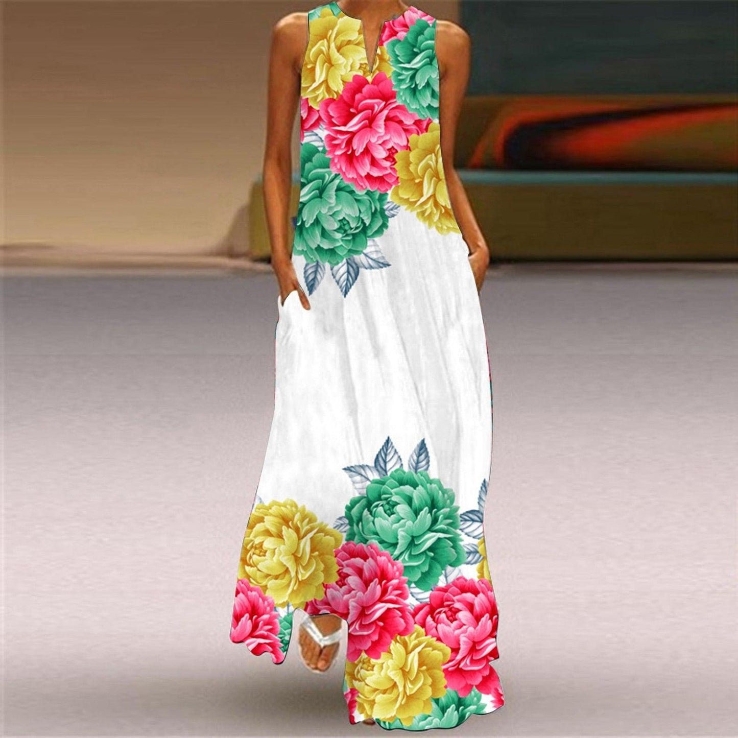 3D Animal Pritned Vintage Long Maxi Dress Women V Neck Sleeveless Summer Dress Elegant Fashion Party Dress Robe Longue