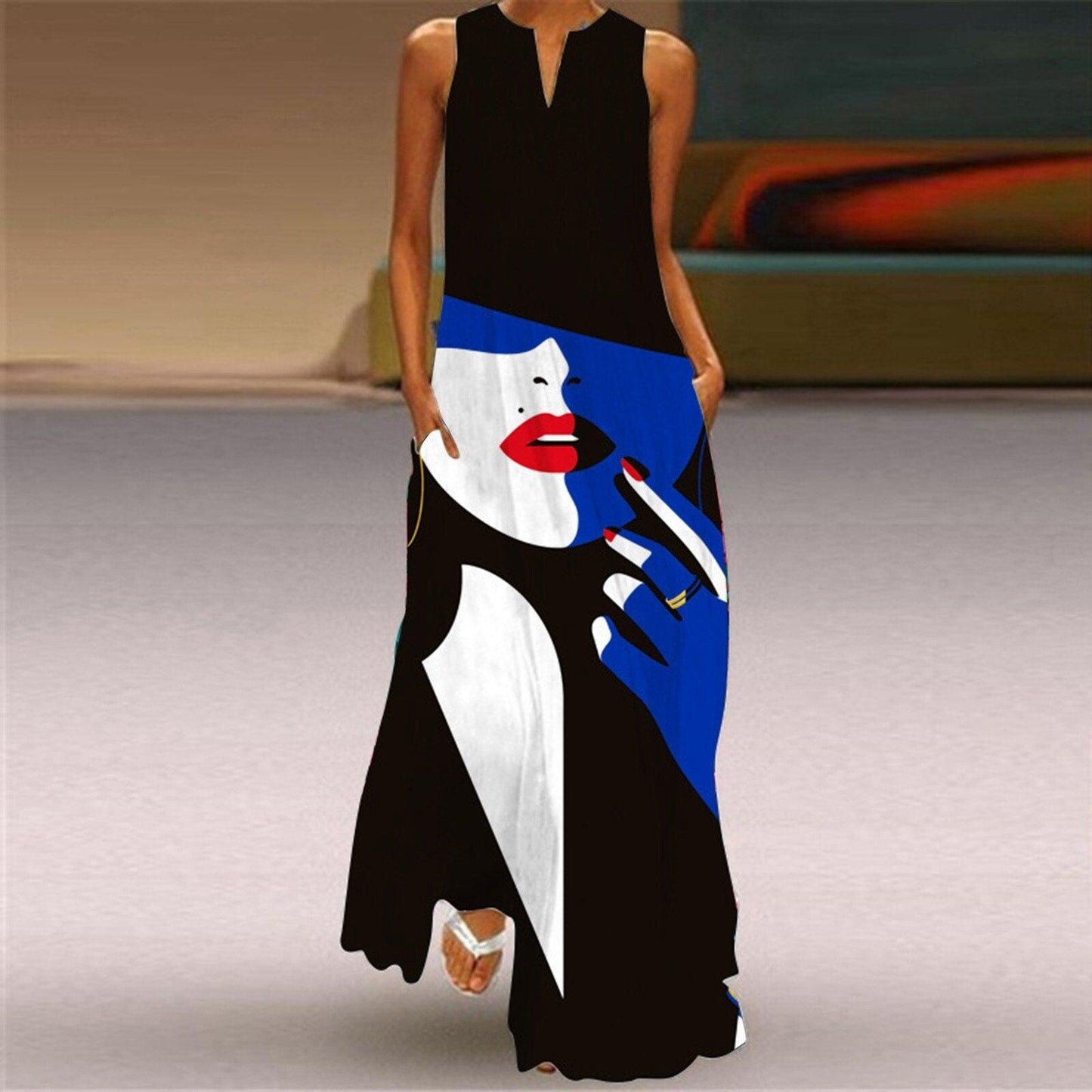 3D Animal Pritned Vintage Long Maxi Dress Women V Neck Sleeveless Summer Dress Elegant Fashion Party Dress Robe Longue