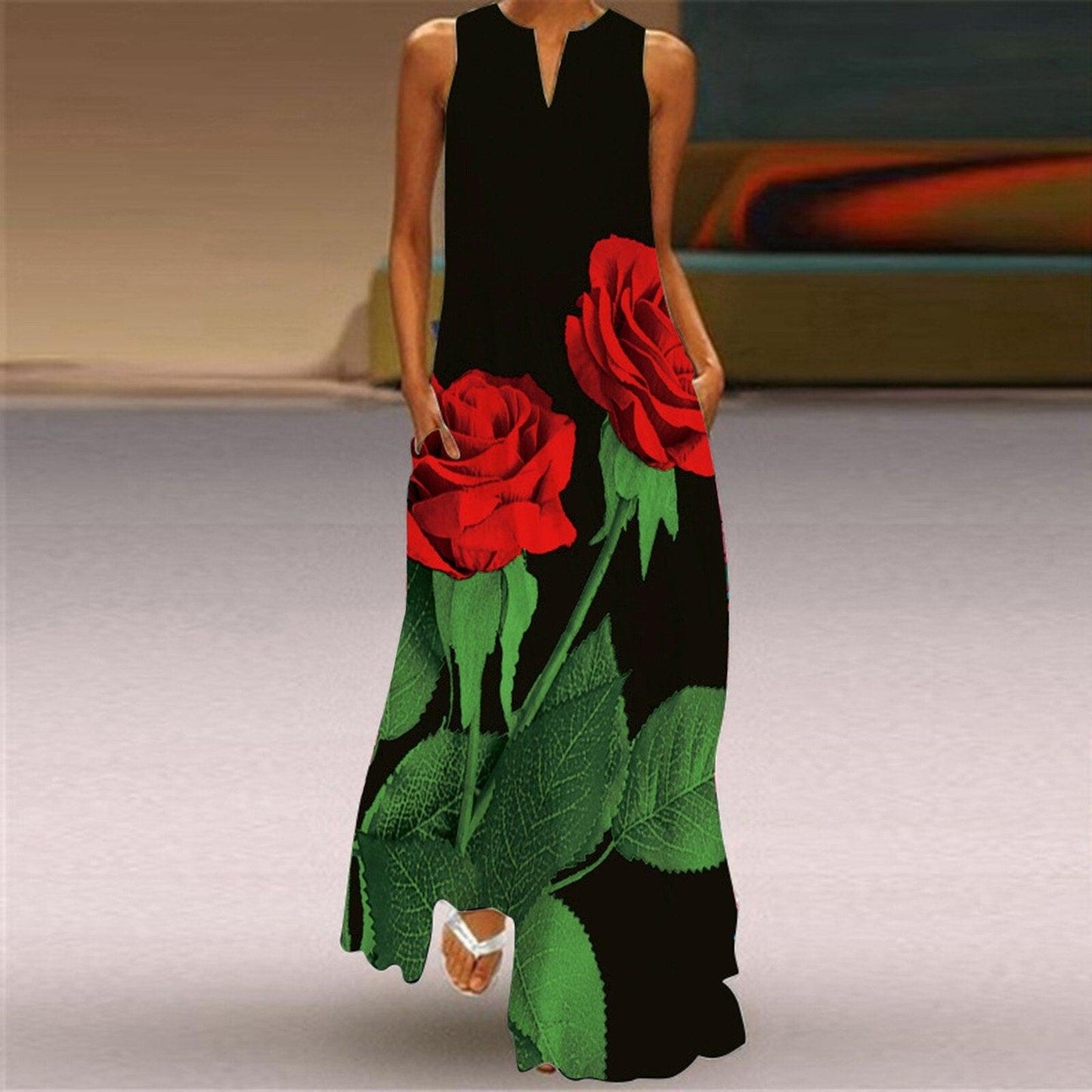 3D Animal Pritned Vintage Long Maxi Dress Women V Neck Sleeveless Summer Dress Elegant Fashion Party Dress Robe Longue