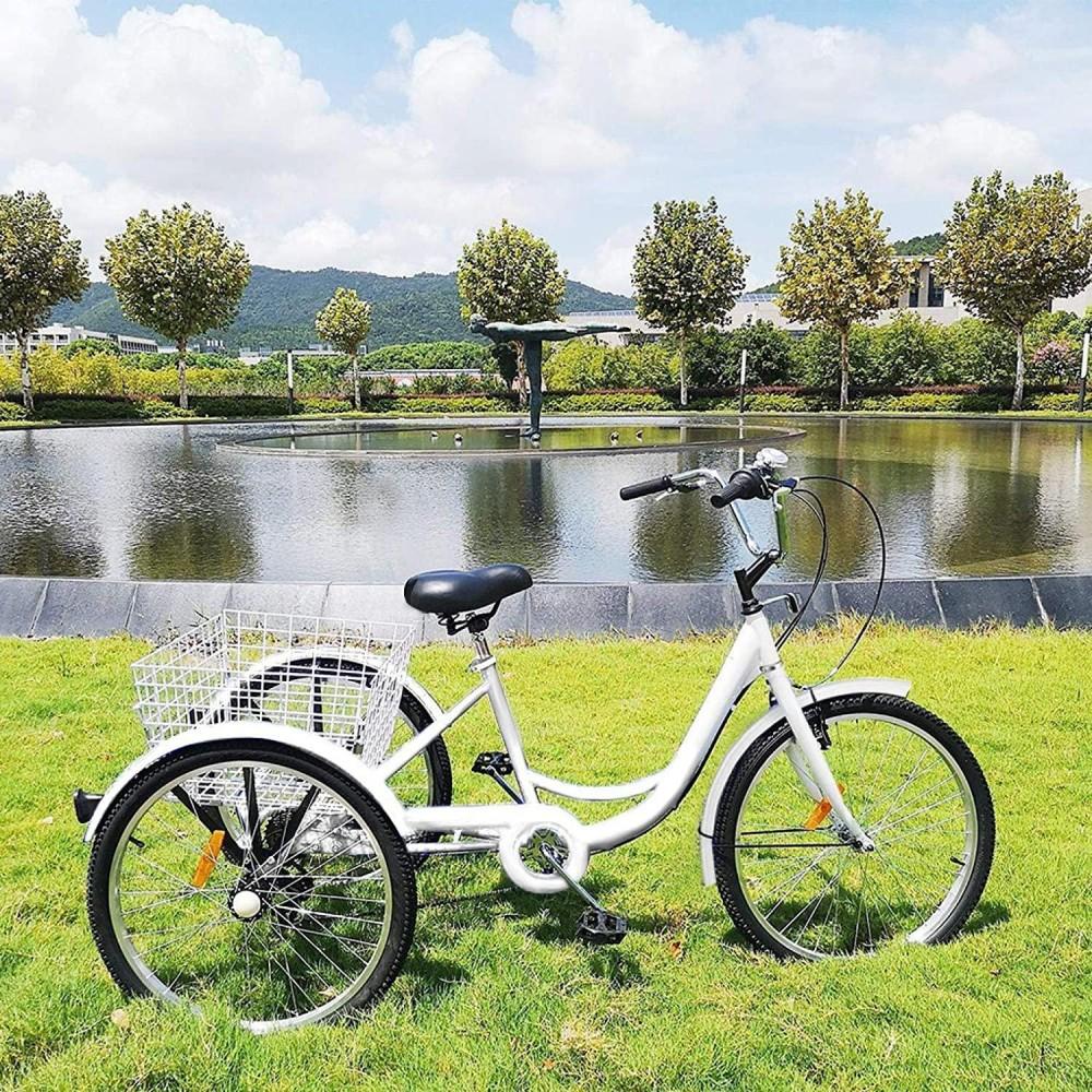 Adult Tricycle Bike, 7 Speed 24in 3-Wheeled Bicycle Cruiser Tricycle with Shopping Basket for Recreation Shopping