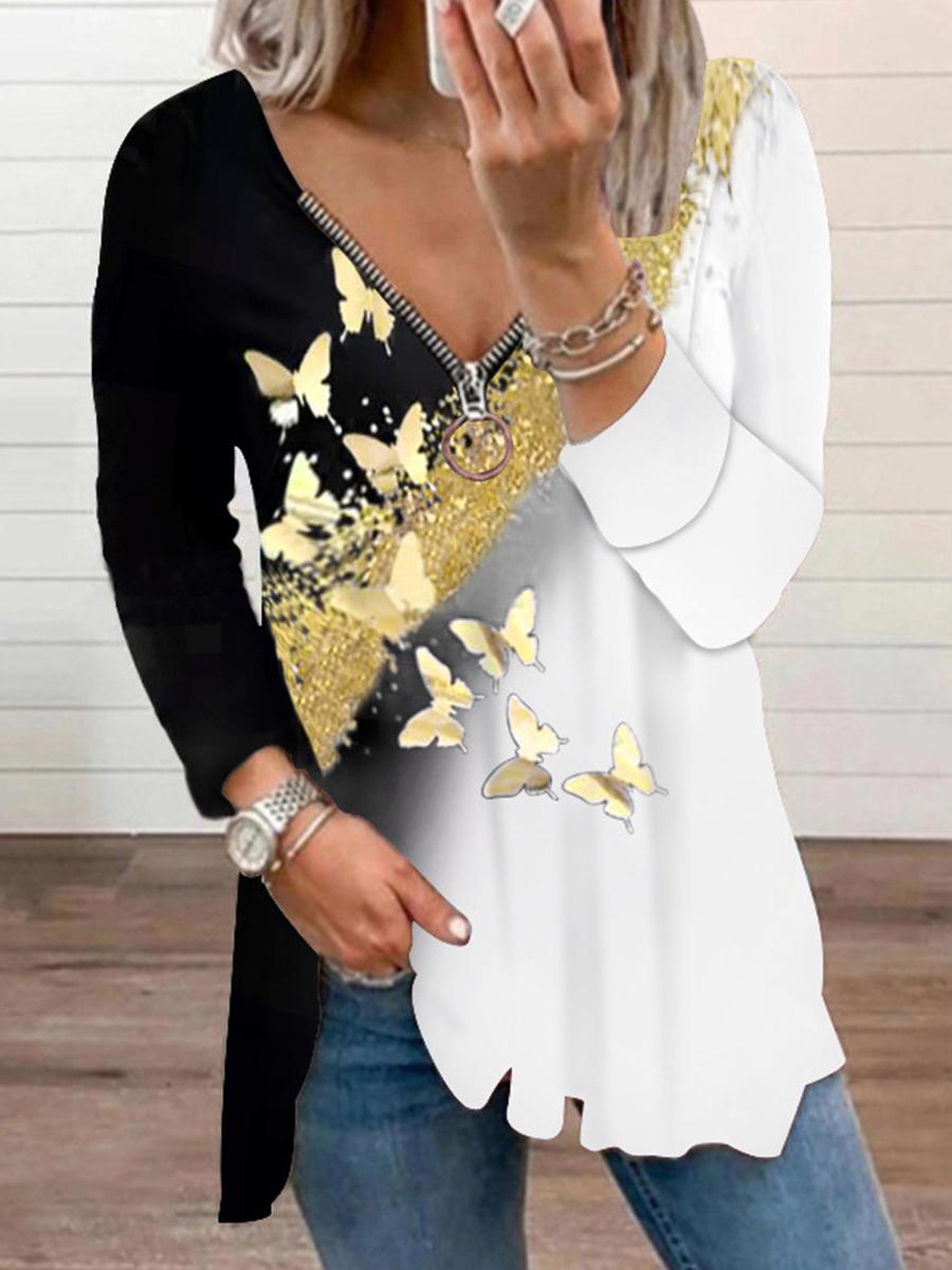 Zipper V-neck Butterfly Print Loose Long Sleeve T-shirt