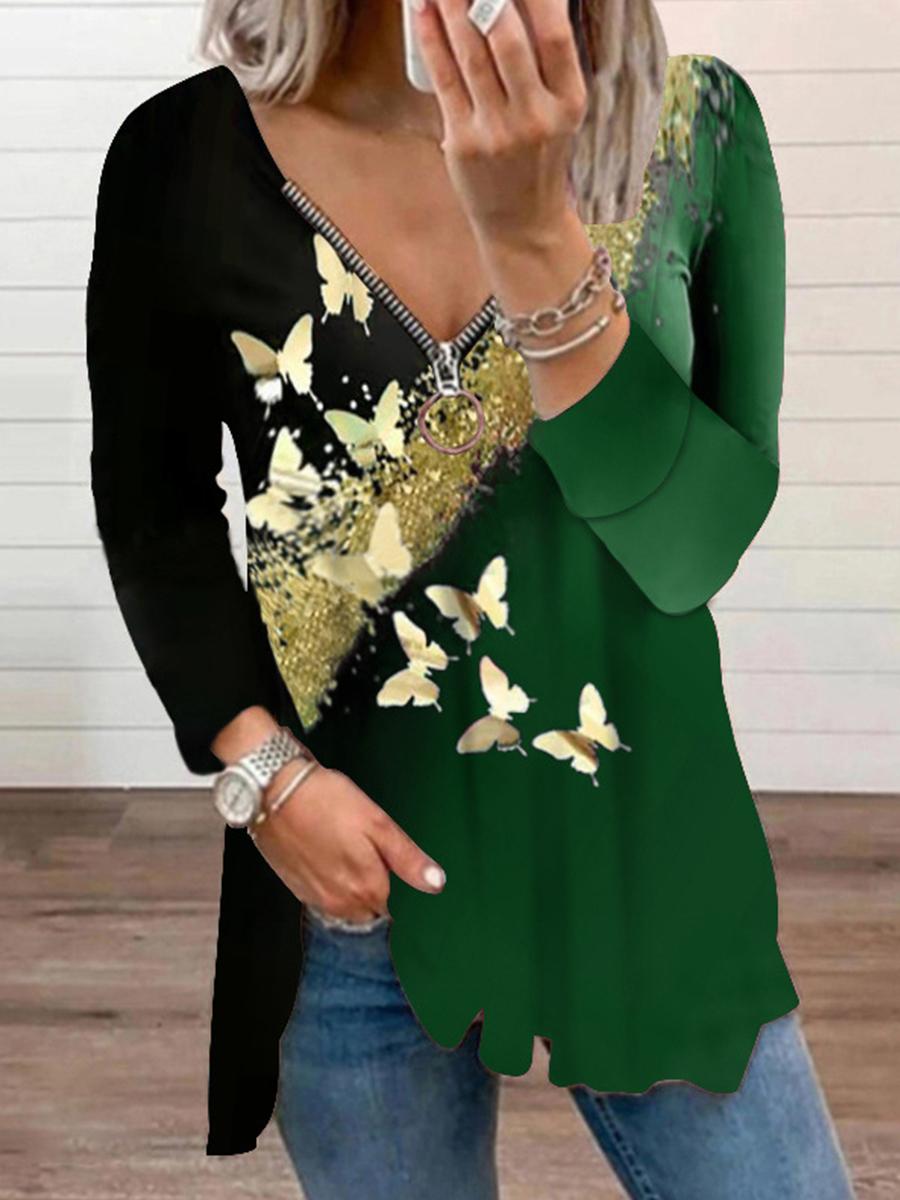 Zipper V-neck Butterfly Print Loose Long Sleeve T-shirt