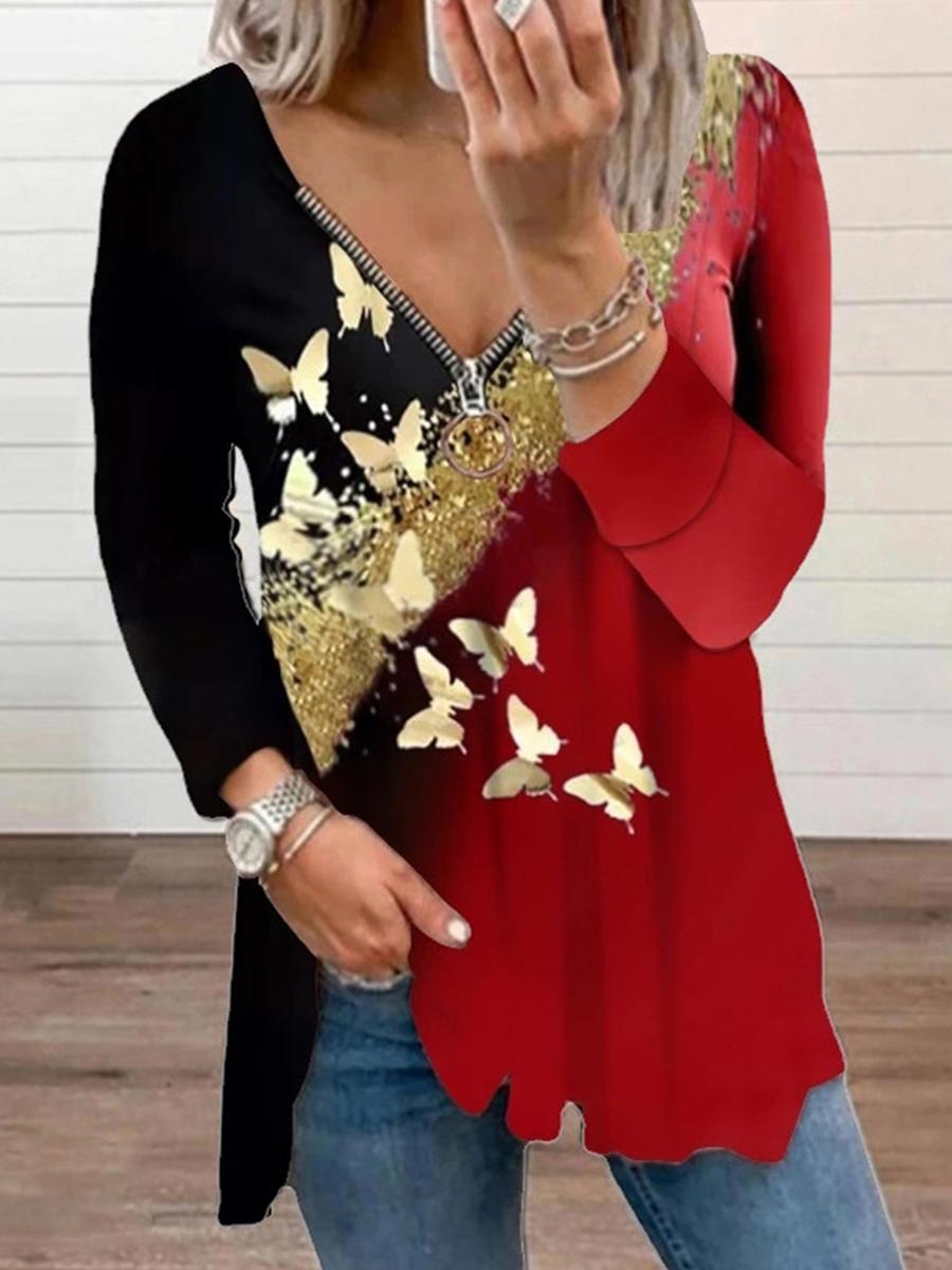 Zipper V-neck Butterfly Print Loose Long Sleeve T-shirt