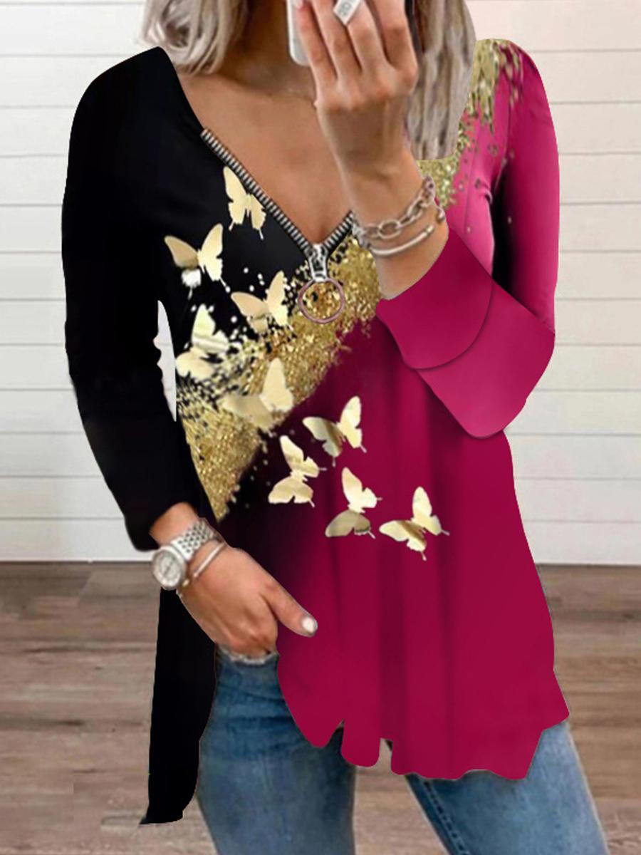 Zipper V-neck Butterfly Print Loose Long Sleeve T-shirt