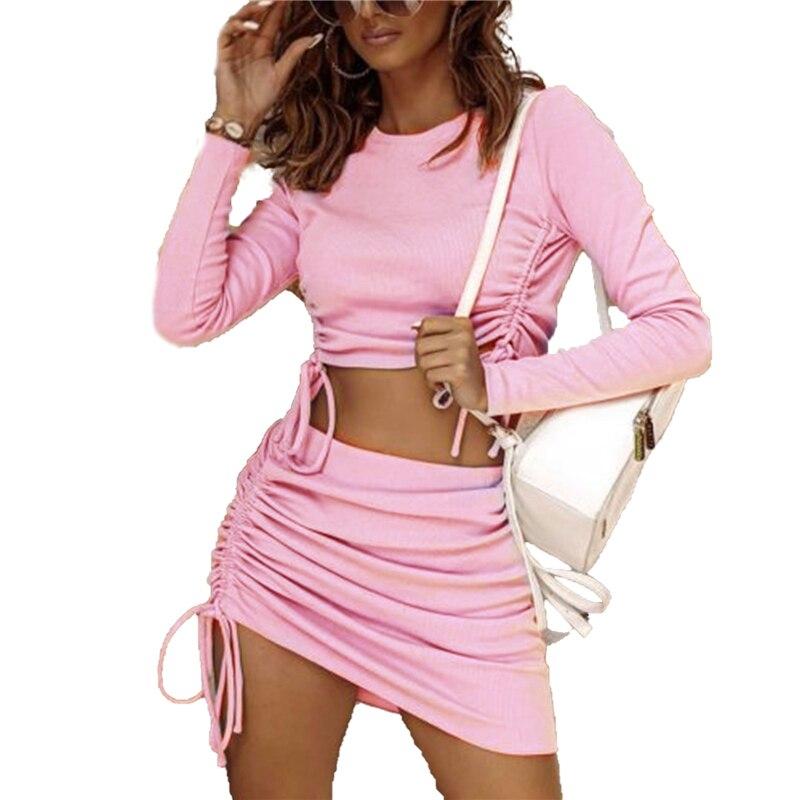 2020 New Women Two Piece Solid Color Sets Round Neck Long Sleeve Crop Top+Ruched Drawstring Mini Skirt Sets tracksuit