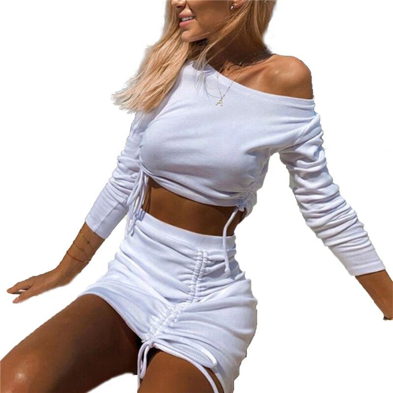2020 New Women Two Piece Solid Color Sets Round Neck Long Sleeve Crop Top+Ruched Drawstring Mini Skirt Sets tracksuit