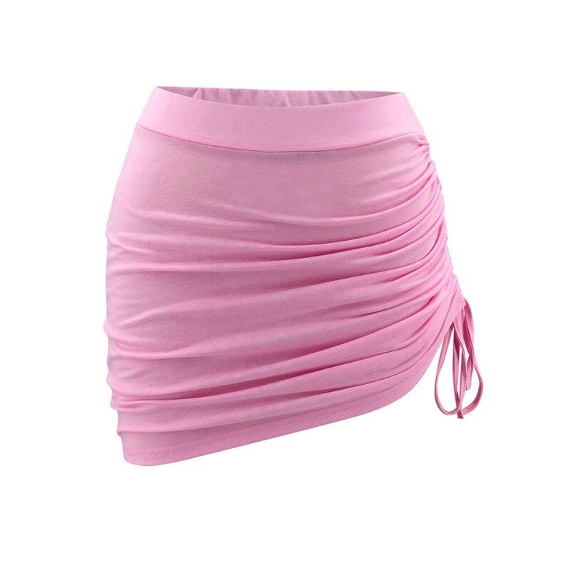 2020 New Women Two Piece Solid Color Sets Round Neck Long Sleeve Crop Top+Ruched Drawstring Mini Skirt Sets tracksuit