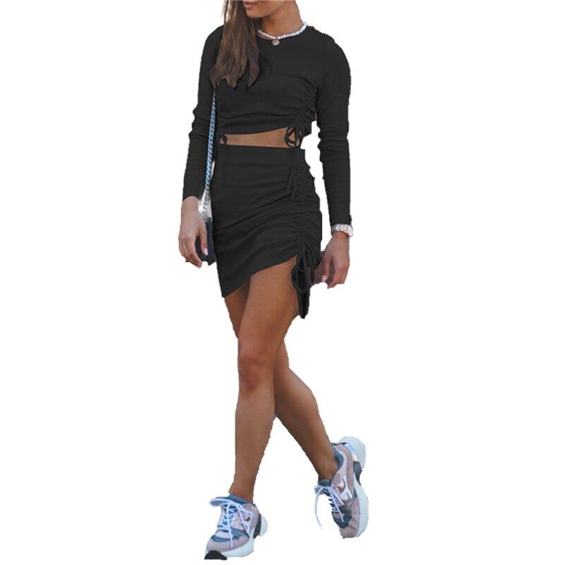 2020 New Women Two Piece Solid Color Sets Round Neck Long Sleeve Crop Top+Ruched Drawstring Mini Skirt Sets tracksuit