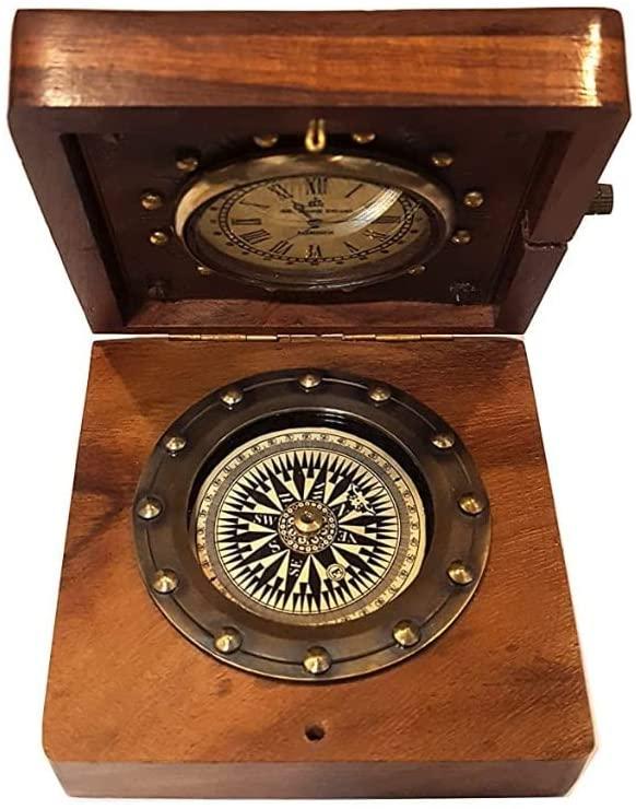 Antique Brass Compass in Wooden Box Gift Item for Home Decor, Bedroom Outdoor Camping HiAntique Compass Navigation Tool by Unique Antique MART.