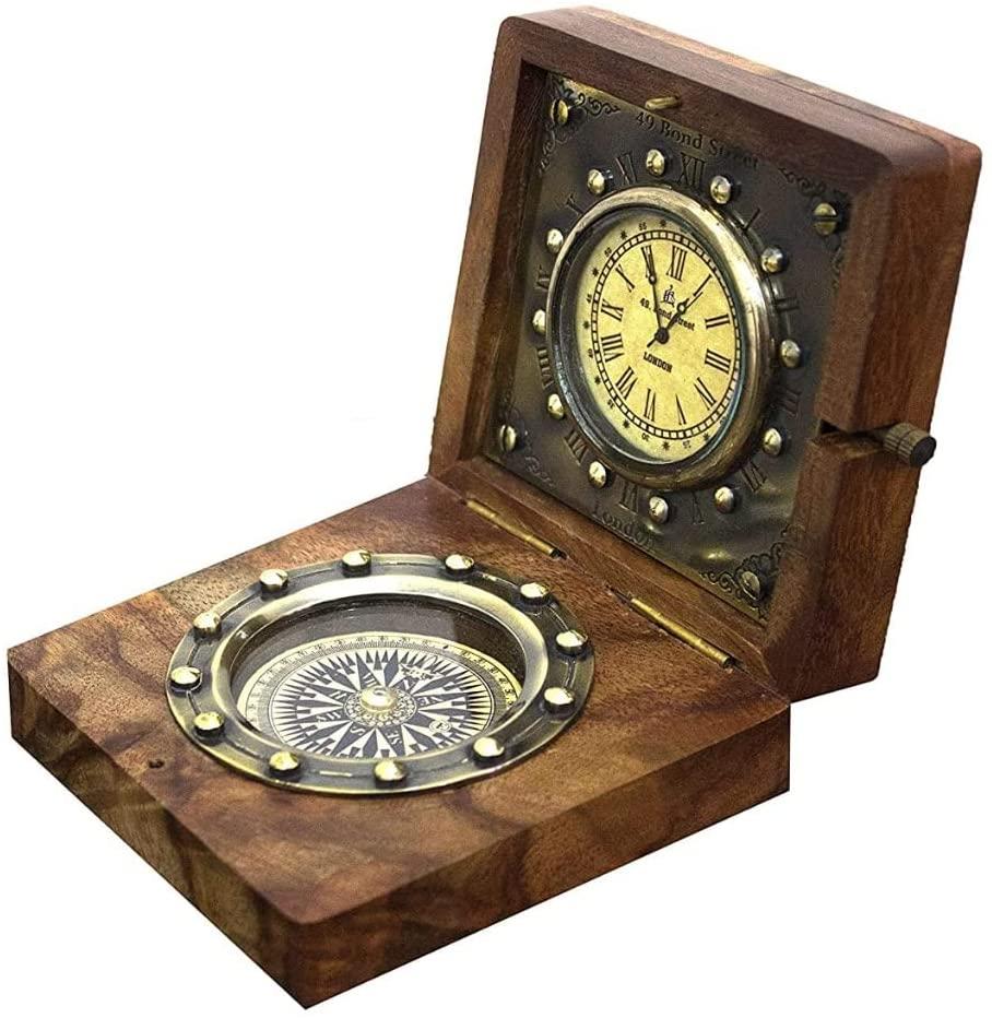 Antique Brass Compass in Wooden Box Gift Item for Home Decor, Bedroom Outdoor Camping HiAntique Compass Navigation Tool by Unique Antique MART.