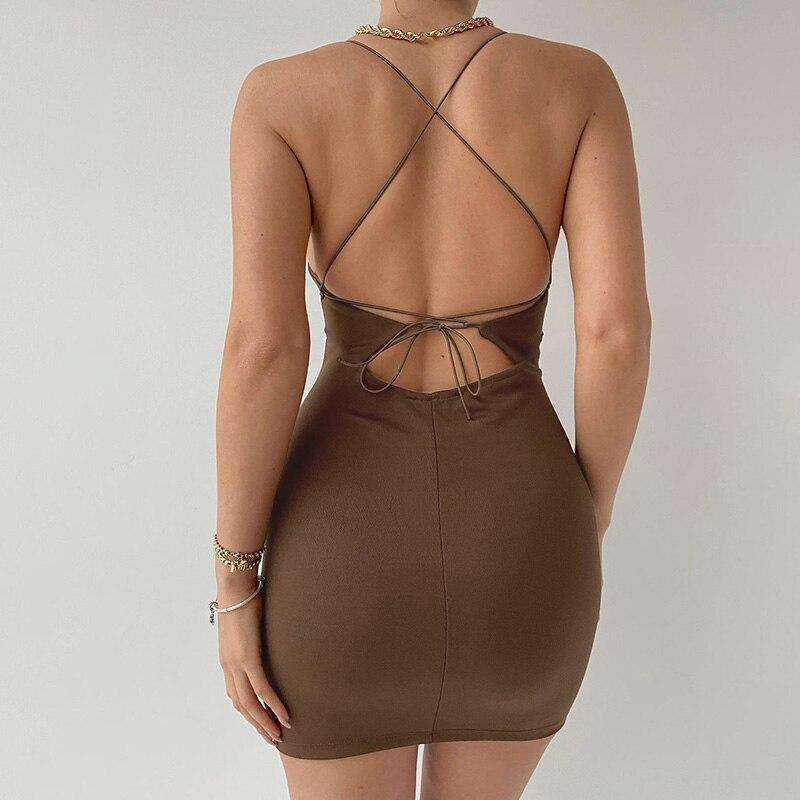 2022 Fashion Women Backless Tie Up Slip Dress Solid Sleeveless V Neck Bandage Bodycon Mini Dress for Club Evening Party