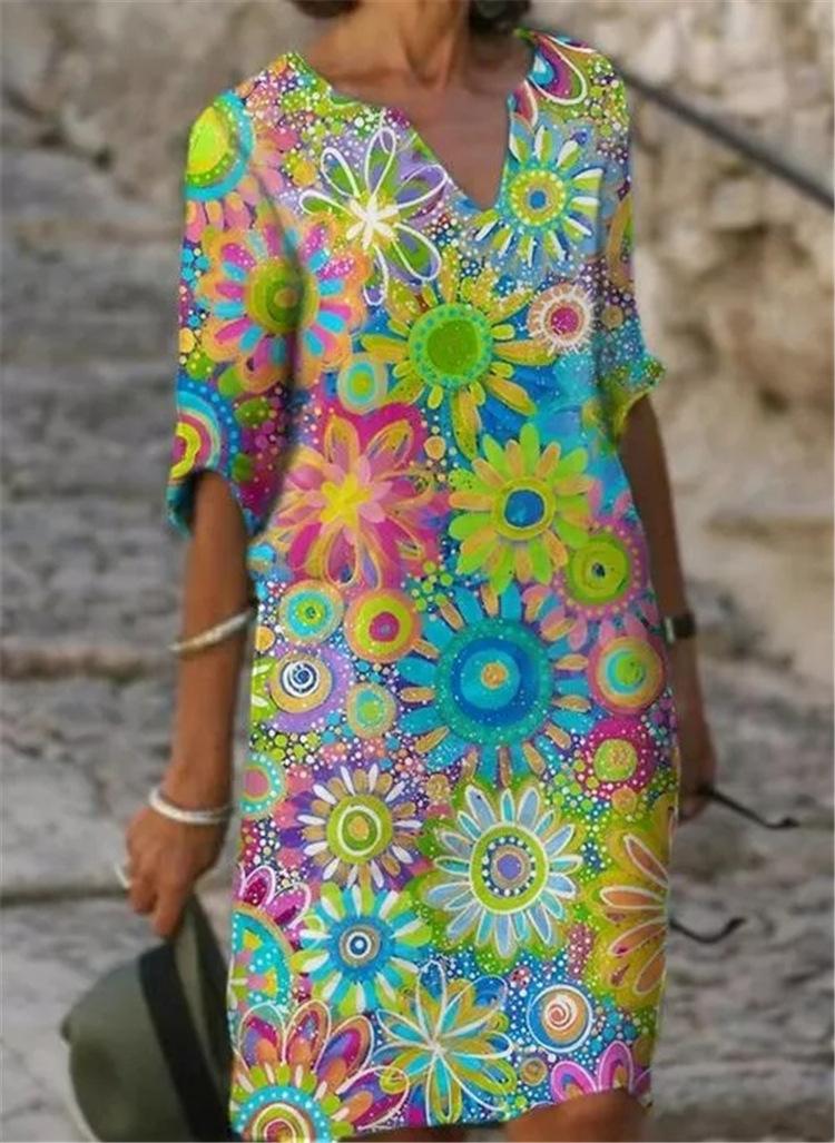 2021 color matching printed patchwork v-neck loose bamboo retro literary round neck five-point sleeve plus size dress