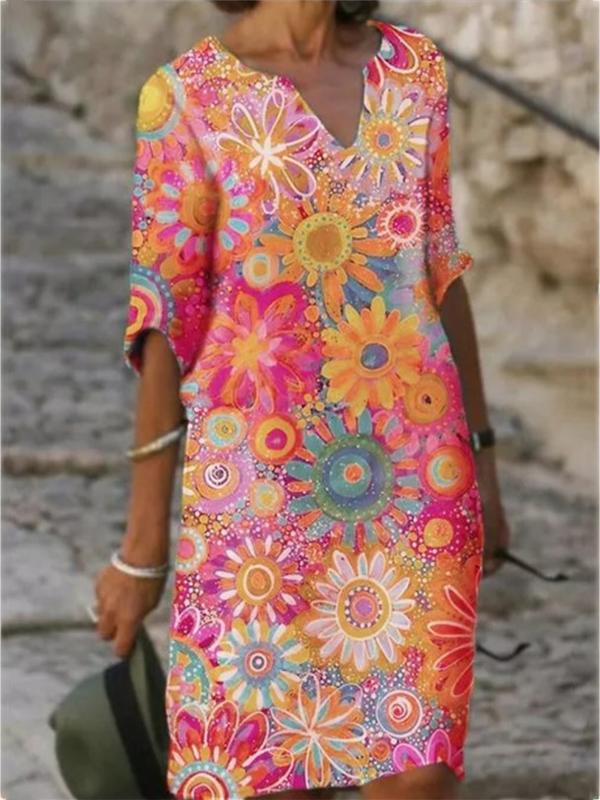 2021 color matching printed patchwork v-neck loose bamboo retro literary round neck five-point sleeve plus size dress