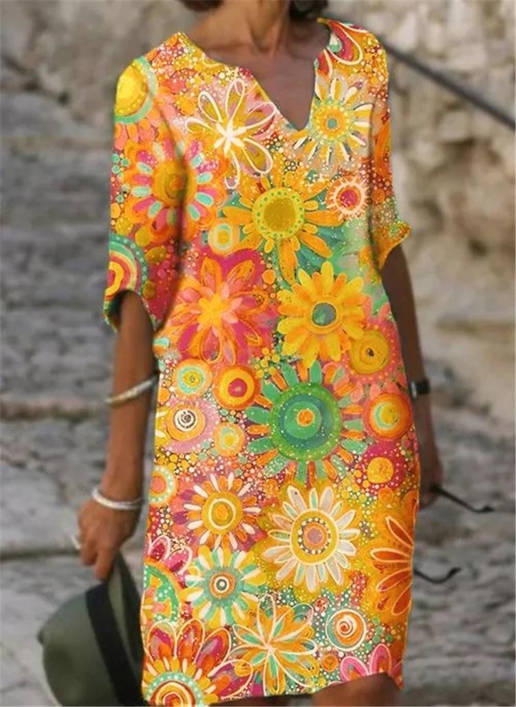 2021 color matching printed patchwork v-neck loose bamboo retro literary round neck five-point sleeve plus size dress