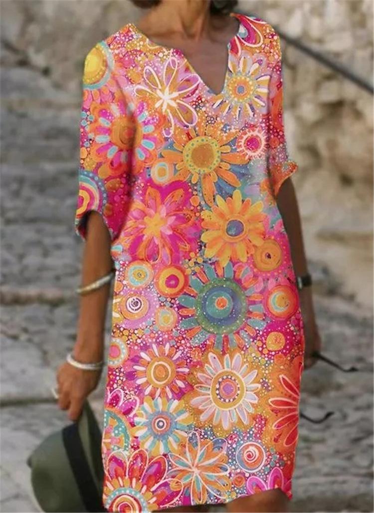 2021 color matching printed patchwork v-neck loose bamboo retro literary round neck five-point sleeve plus size dress