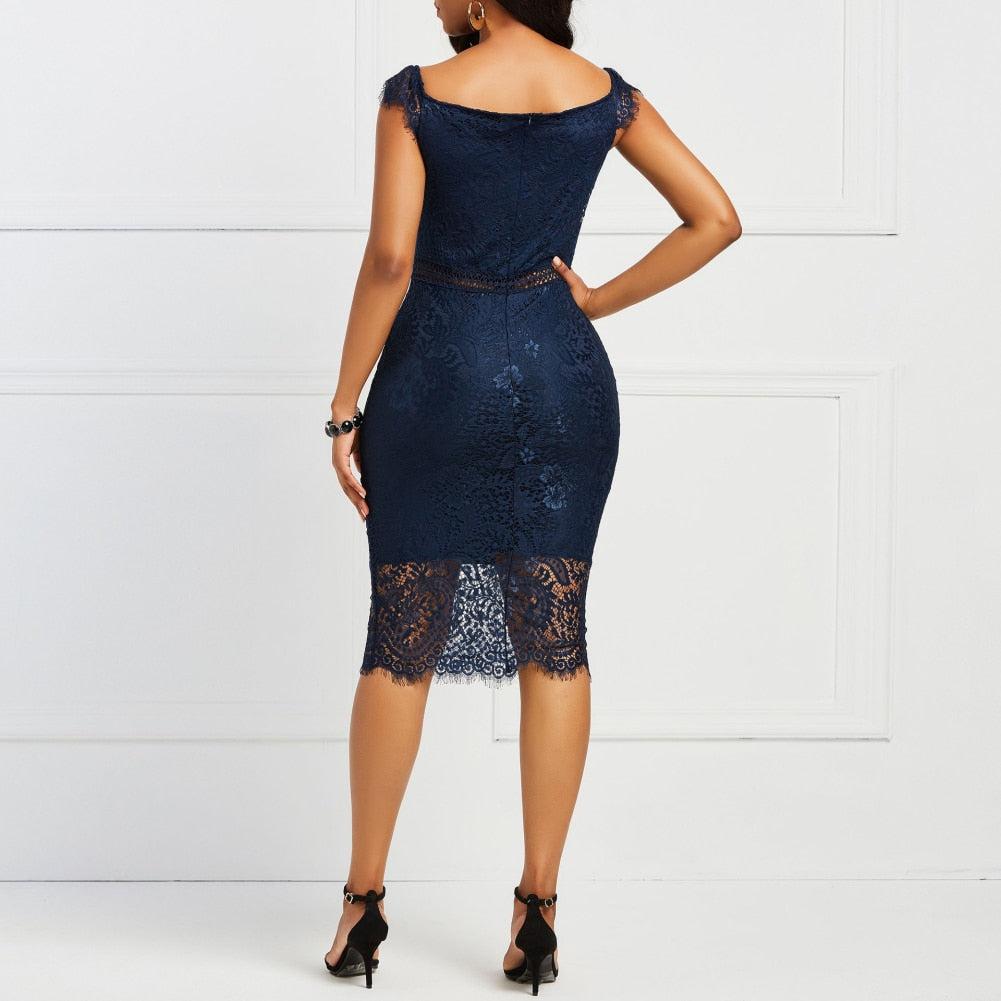 2020 Evening Party Women Off Shoulder V Neck Hollow Lace Bodycon Midi Dress Women's Clothing платье женское vestido