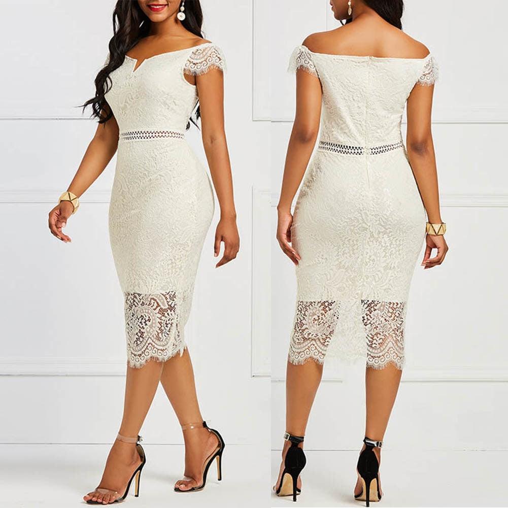 2020 Evening Party Women Off Shoulder V Neck Hollow Lace Bodycon Midi Dress Women's Clothing платье женское vestido
