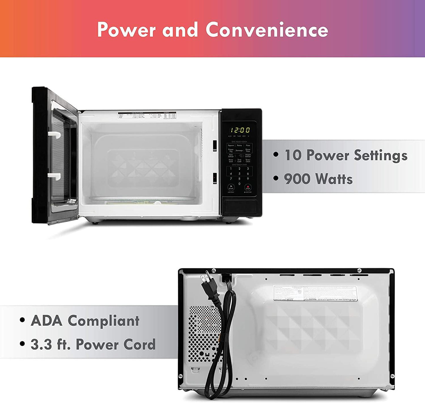70929 0.9 cu. ft Small Compact 900 Watts 10 Power Settings, 12 Heating Presets, Removable Turntable, ADA Compliant Countertop Microwave, Black