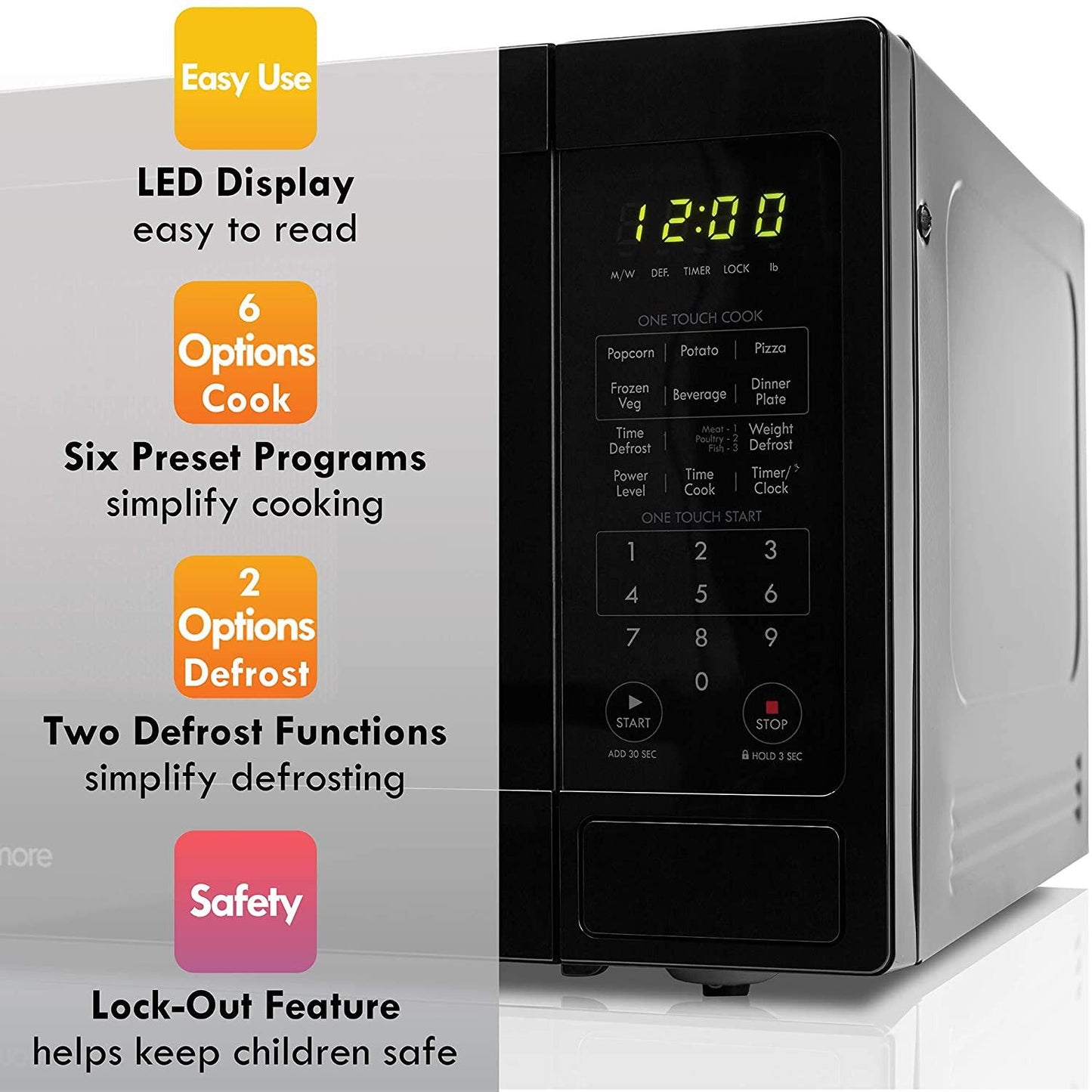 70929 0.9 cu. ft Small Compact 900 Watts 10 Power Settings, 12 Heating Presets, Removable Turntable, ADA Compliant Countertop Microwave, Black