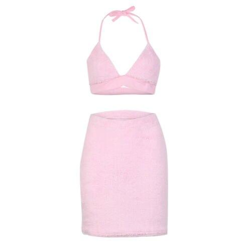 2019 Fashion 2PCS/Set Womens Sleeveless Bandage Crop Top Bra+Midi Skirt Bodycon Mini Dress US