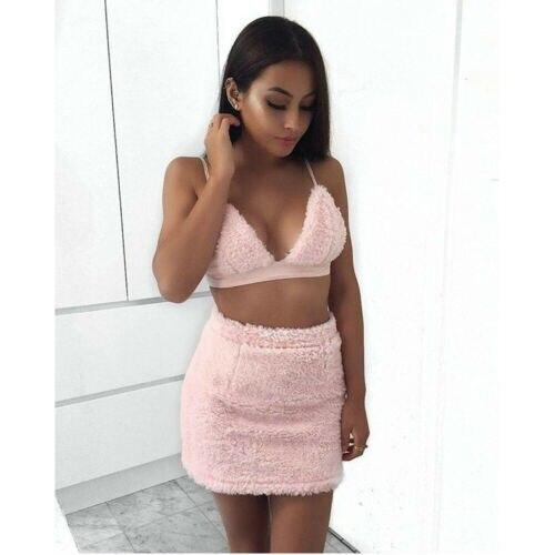 2019 Fashion 2PCS/Set Womens Sleeveless Bandage Crop Top Bra+Midi Skirt Bodycon Mini Dress US