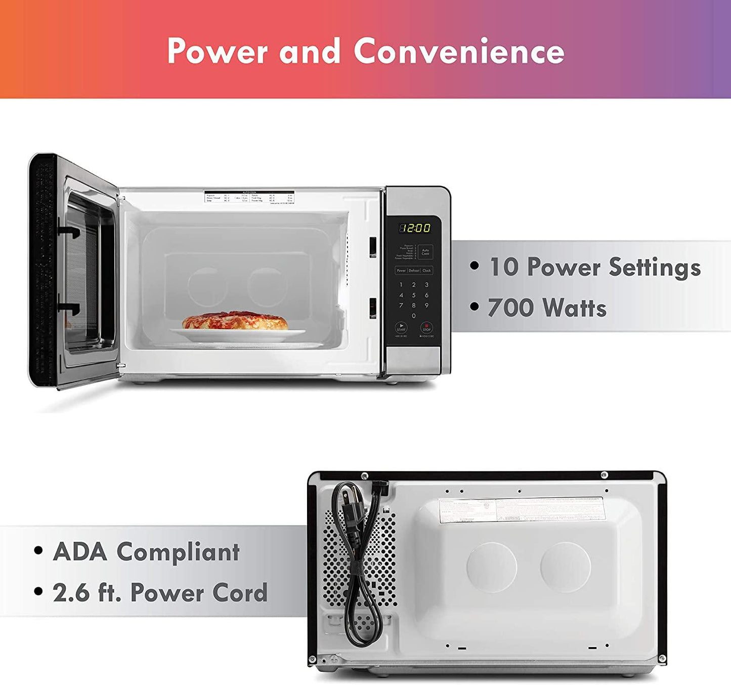 70723 0.7 cu. ft Compact 700 Watts 10 Power Settings, 6 Heating Presets, Removable Turntable, ADA Compliant Small Countertop Microwave, Steel