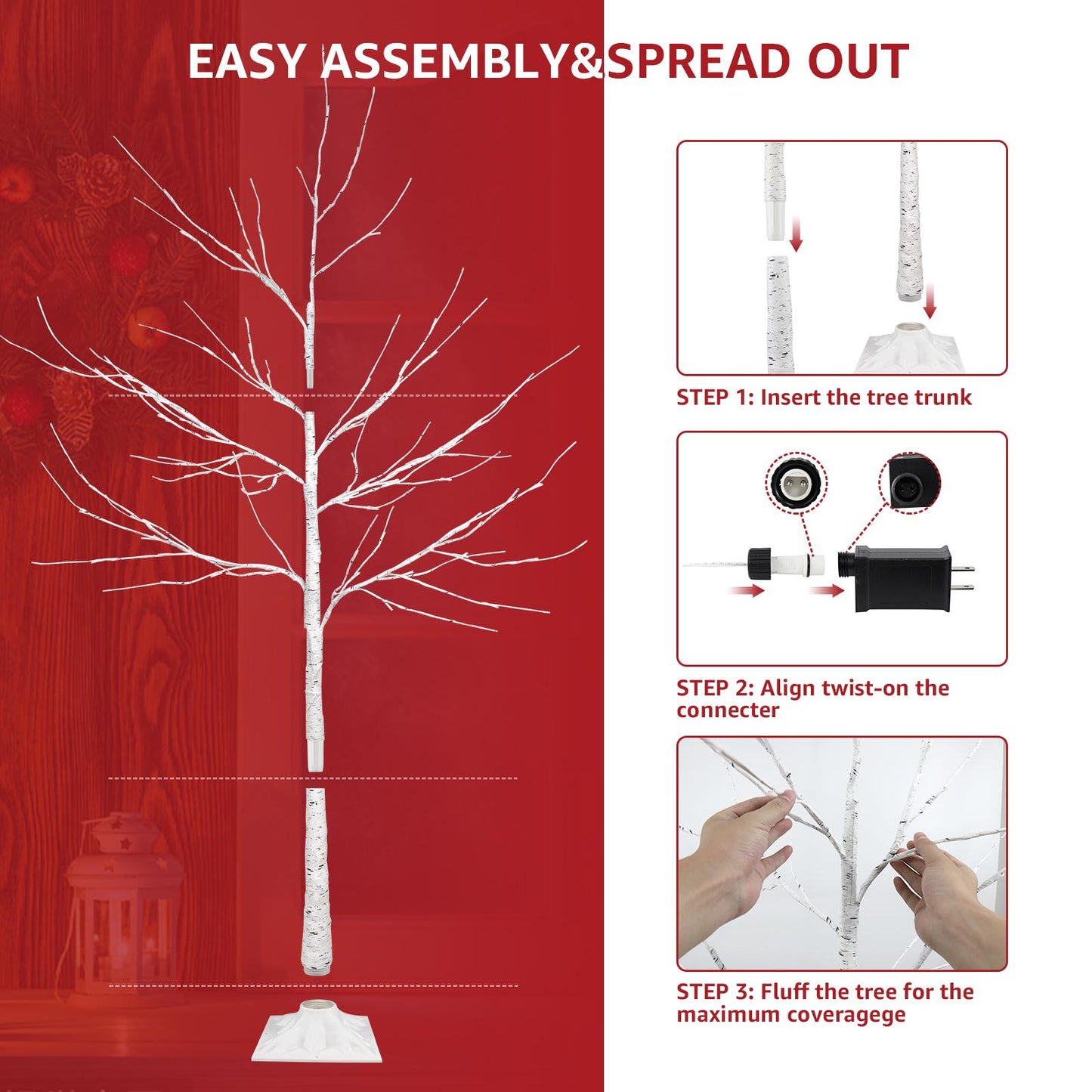 4/5/6 Feet Pre-Lit Christmas Tree with Lights, SEGMART 3 Piece LED Birch Christmas Tree, Lighted Tree and Branches Christmas Ornament for Festival, Wedding, Party, Indoor Outdoor Home Decoration, L377