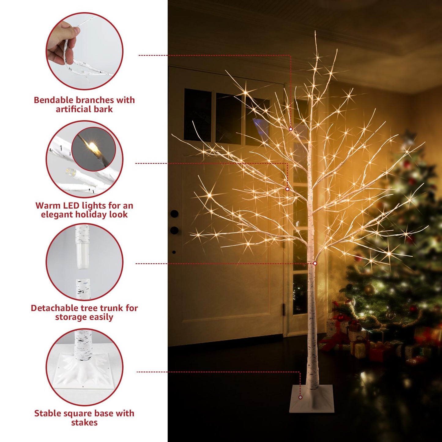 4/5/6 Feet Pre-Lit Christmas Tree with Lights, SEGMART 3 Piece LED Birch Christmas Tree, Lighted Tree and Branches Christmas Ornament for Festival, Wedding, Party, Indoor Outdoor Home Decoration, L377