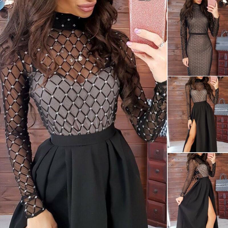 2019 Fashion Trend Women Bandage Sheer Bodycon Long Sleeve Dress Lady Girls Party Cocktail Club Midi Dress