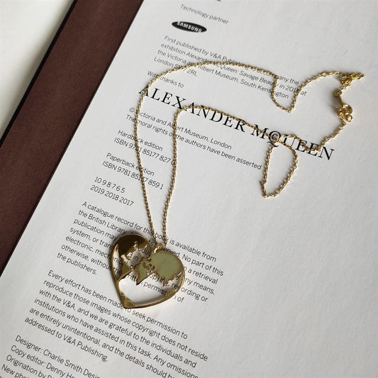 world map heart 925 sterling silver necklace