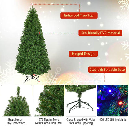 7Ft Pre-Lit Artificial Christmas Tree Hinged 500 LED Lights