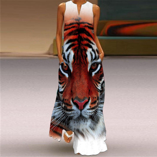 3D Animal Pritned Vintage Long Maxi Dress Women V Neck Sleeveless Summer Dress Elegant Fashion  Party Dress Robe Longue
