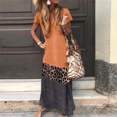 Womens Simple Contrast Leopard Print Short Sleeve Print V-N