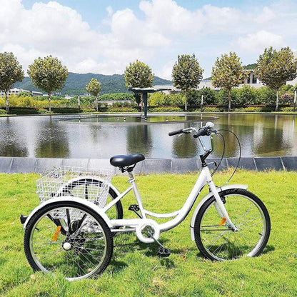 Adult Tricycle Bike, 7 Speed 24in 3-Wheeled Bicycle Cruiser Tricycle with Shopping Basket for Recreation Shopping