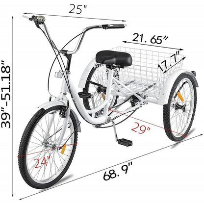 Adult Tricycle Bike, 7 Speed 24in 3-Wheeled Bicycle Cruiser Tricycle with Shopping Basket for Recreation Shopping