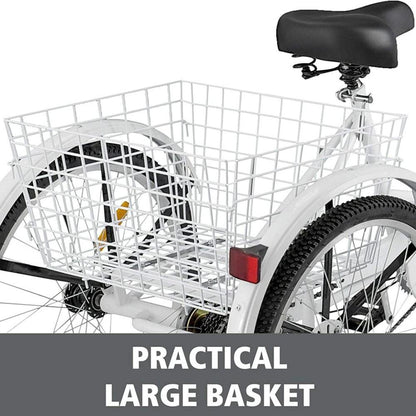 Adult Tricycle Bike, 7 Speed 24in 3-Wheeled Bicycle Cruiser Tricycle with Shopping Basket for Recreation Shopping