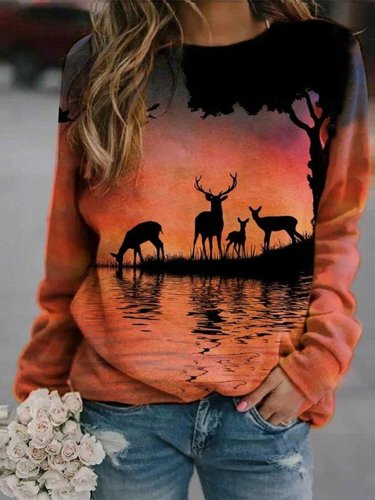Animal printed casual round neck long sleeve top