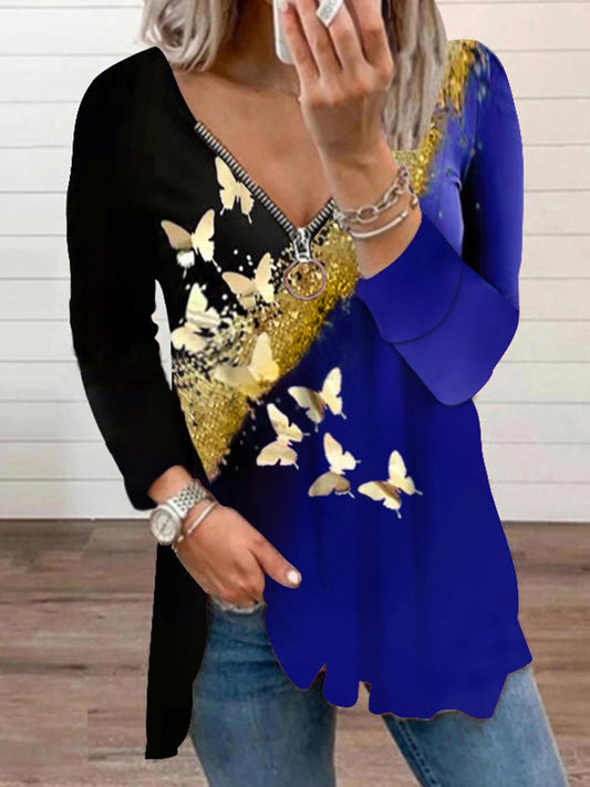 Zipper V-neck Butterfly Print Loose Long Sleeve T-shirt