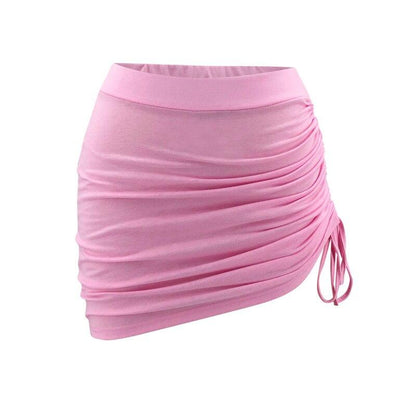 2020 New Women Two Piece Solid Color Sets Round Neck Long Sleeve Crop Top+Ruched Drawstring Mini Skirt Sets tracksuit