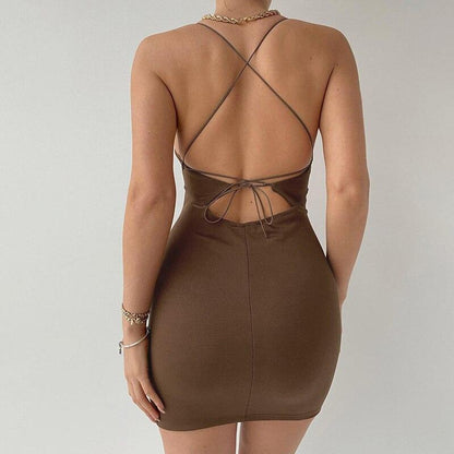 2022 Fashion Women  Backless Tie Up Slip Dress Solid Sleeveless V Neck Bandage Bodycon Mini Dress for Club Evening Party