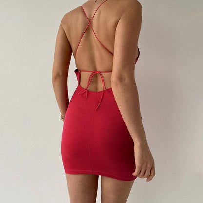 2022 Fashion Women  Backless Tie Up Slip Dress Solid Sleeveless V Neck Bandage Bodycon Mini Dress for Club Evening Party