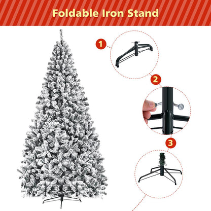 9ft Snow Flocked Hinged Artificial Christmas Tree Unlit Metal