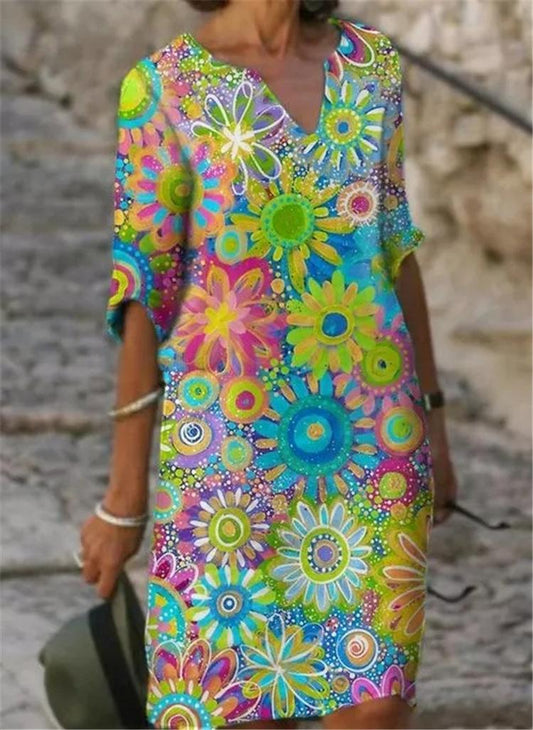 2021  color matching printed patchwork v-neck loose bamboo retro literary round neck five-point sleeve plus size dress