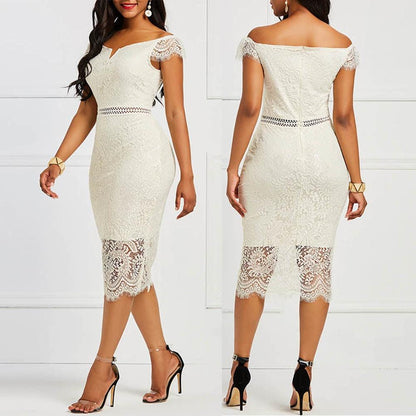 2020 Evening Party Women  Off Shoulder V Neck Hollow Lace Bodycon Midi Dress Women's Clothing платье женское vestido