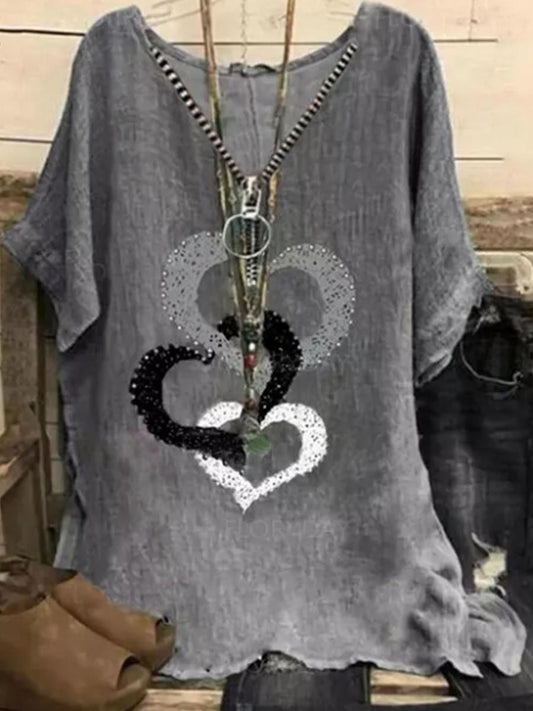 Womens V-neck Print Short-sleeved Cotton And Linen Blouse