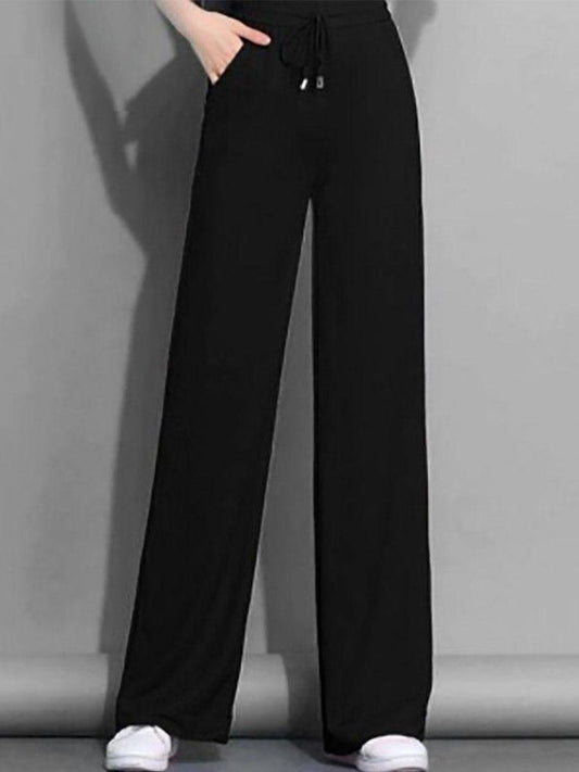 Womens Solid Color Elastic Waist Wide-leg Pants